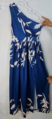Retro Stage Size M Blue w/ Beige Leaf Pattern Dress for Women One Shoulder Maxi